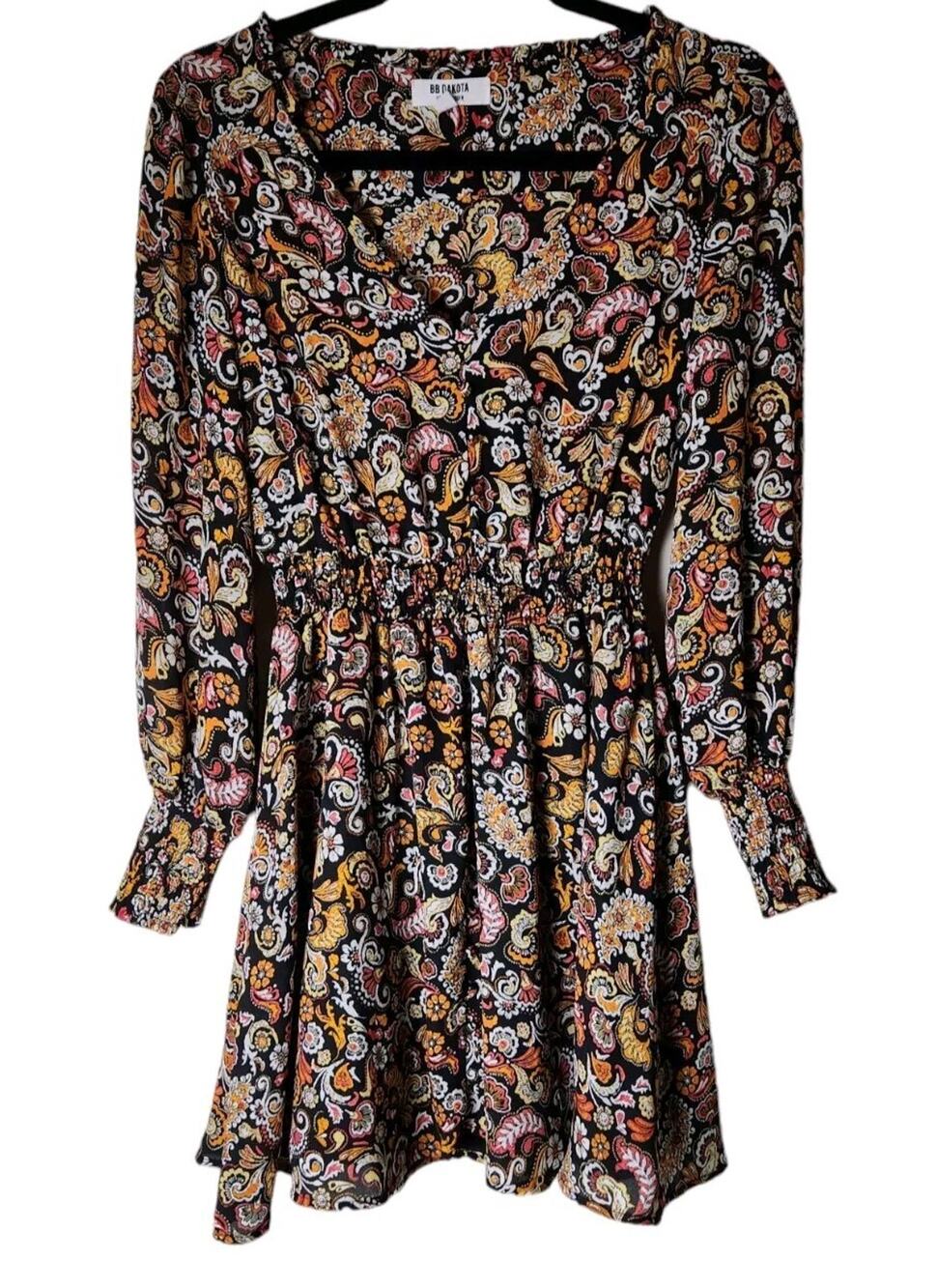 BB Dakota Steve Madden Women's Floral Pattern Dress Sz Small Smocked Long Sleeve
